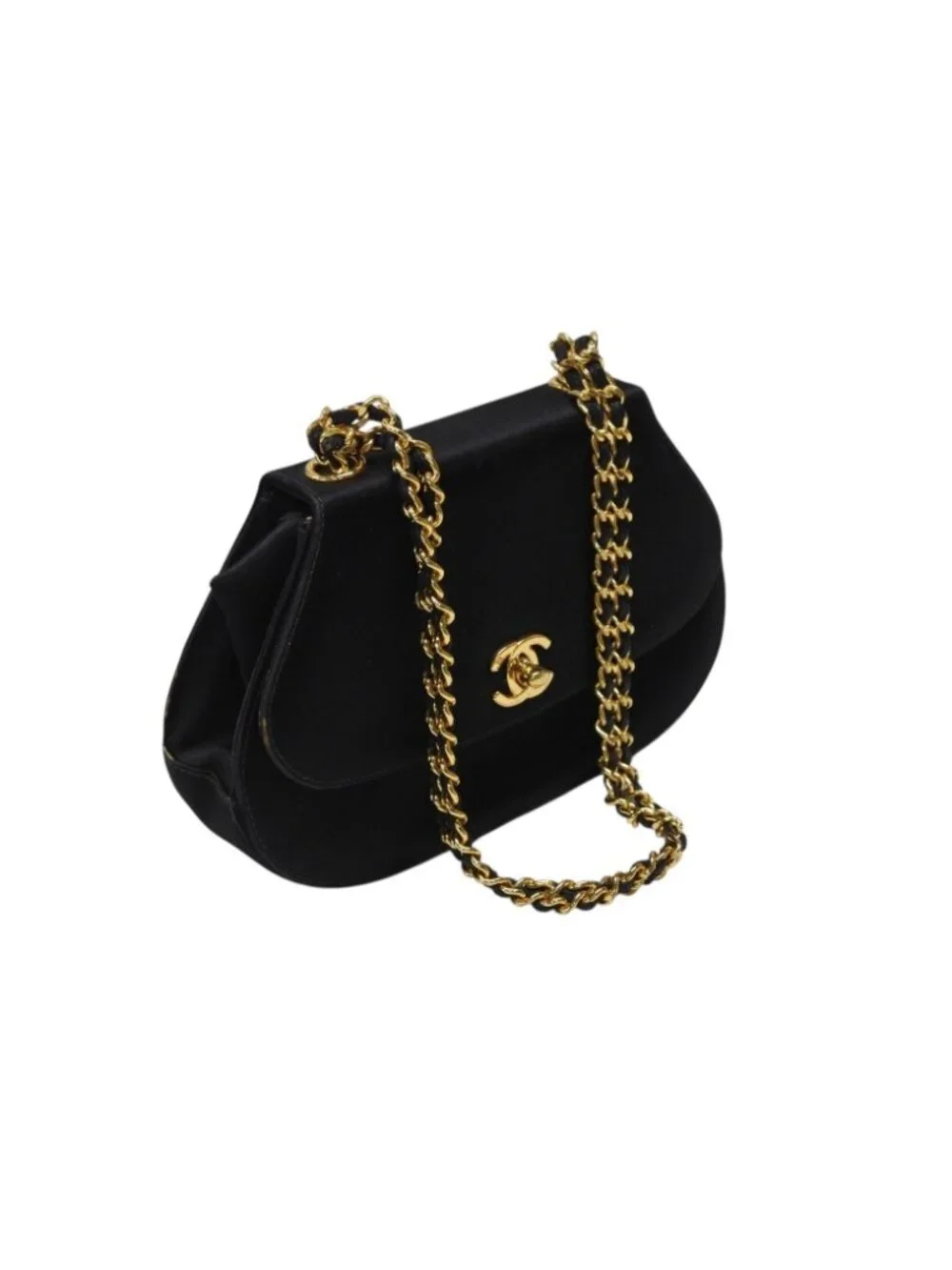 Chanel Half Moon Chain Bag CC Logo Satin Leather Black Gold